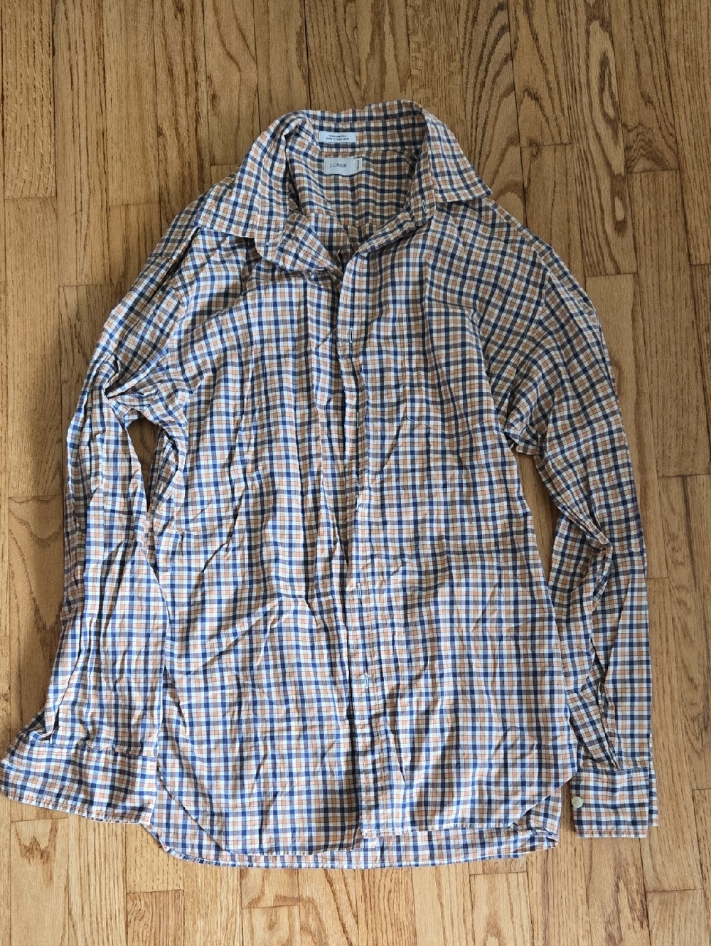J. Crew Peach and Navy Check Cotton Button-Up Size Large